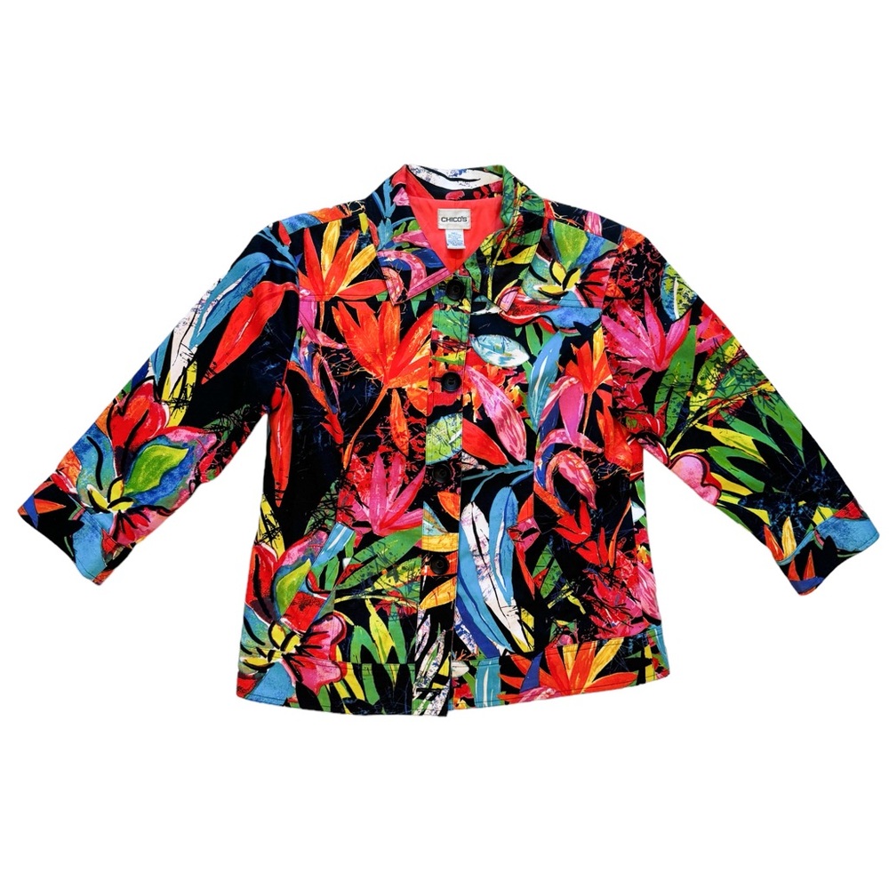 Chico's Tropical Blazer Women's 1 US Size M 8 Multi Color Button Front Jacket